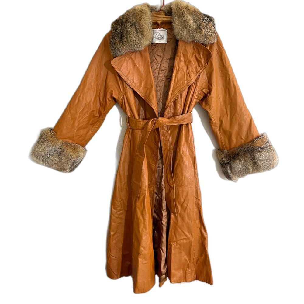 Vintage SAKS 5th Ave LEATHER Women's JACKET Coat Size 12 Fur Tailored Belted - Picture 2 of 16